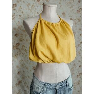 NWT Zara Women's Mustard Linen Feel Halter Crop Top. Size Large.